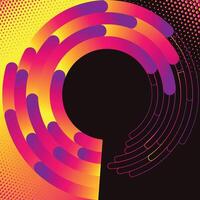 Abstract circular gradient design with halftone dots in pink purple orange on black background vector