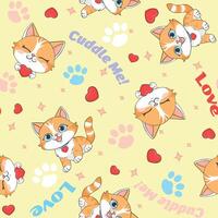Cute cat pattern with hearts and paw prints vector