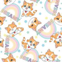 Seamless dreamy cat pattern with pastel rainbow stars on white background vector