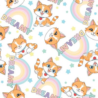 Seamless dreamy cat pattern with pastel rainbow stars on white background