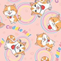 Seamless kawaii cat pattern with rainbow circles hearts on pink background vector