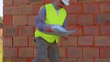 Civil engineer architect specialist analyzing blueprints to control working at construction site. House on background. Developer builder foreman in helmet inspecting building. Real estate home project video