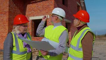 Diverse team of specialists taking near modern house. Real estate building project with senior civil engineer, architect, general worker discussing planning, development details. Purchasing, renting video