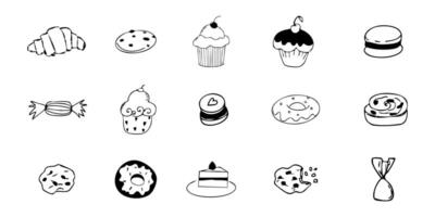 Dessert doodle icon set, breakfast donut cupcake and candies sketch hand drawn. Line sweet food scribble texture cafe menu decorations. vector