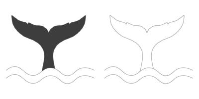 Whale Tale Icon ocean animal, mammal tail line sketch. Vintage simple silhouette waves. Minimalistic simple tattoo drawing. vector