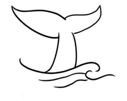 Whale Tale Icon animal, mammal tail line sketch. Vintage simple silhouette with waves. Minimalistic simple tattoo drawing. vector