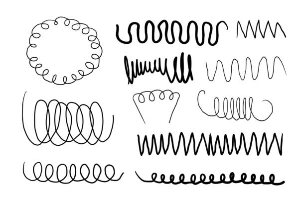 Metal coil spiral bounce metal line hand drawn doodle. Slinky or wire flexible spring . Set curly wavy twisted shape.