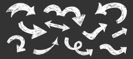 Thick white arrow crayon or chalk drawing sketch grunge textured on blackboard set . Different directions simple curve shape. Pencil, marker, pastel scribble vector