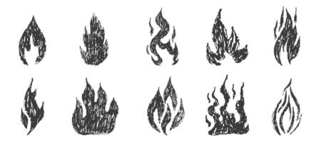 Fire flame grunge drawn chalk. Tattoo abstract y2k vintage simple shape. Crayon drawn red flame icon. Graffiti doodle. vector