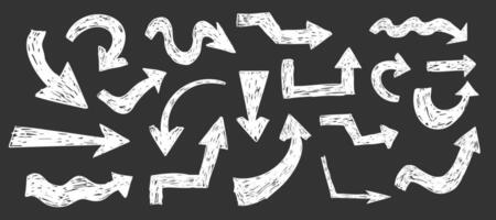 Thick white arrow crayon or chalk drawing sketch textured on blackboard set. Different directions simple curve shape. Pencil, marker, pastel scribble vector