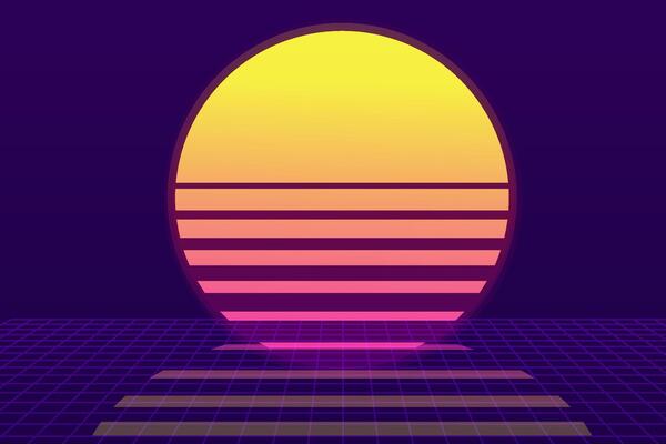 Retro vaporwave sun futuristic sunrise. Cyberpunk geometric planet. Synthwave vintage. Sun circle retrowave