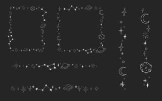 Celestial doodle border , falling star blink divider. Hand drawn ornament with stars, planets, meteorite and moon. Space magic simple decor. vector
