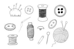 Sewing set with thread, needle buttons doodle hand drawn. Handmade crafts embroidery collection. Vintage tailor kit . Sewing accessories vector