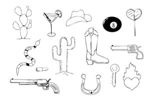 Wild west sketch set with vintage cowboy hat , gan. Desert elements cactus, sand, snake. Line hand drawn lucky horseshoe. vector