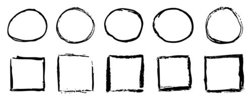 Grunge ink circle and square paint border with rough edges . Text box, sketch dirty line, splash. Scribble frame cadre textured vector