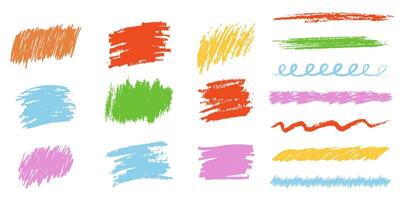 Crayon underline stroke brush mark, grunge textured hand drawn sketch border, divider. Pastel colored scribble highlight charcoal rough vector