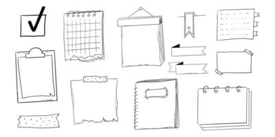 Memo page bullet journal note sketch, hand drawn doodle stickers office list box frame. Comic planner reminder, set stationery design elements. vector