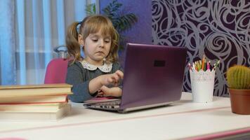 Online learning, distance education, lesson at home, technology for kids. Girl doing school program online homework with teacher, using digital laptop computer. Education during coronavirus quarantine video