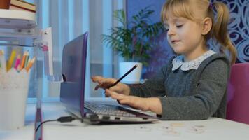 Back to school, online learning, distance lesson, pupil education at home, technology for schoolgirl. Child girl kid doing school homework and using laptop computer at home with teacher. Slow motion video