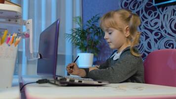 Online learning, distance education, lesson at home, technology for kids. Girl doing school program online homework with teacher, using digital laptop computer. Education during coronavirus quarantine video