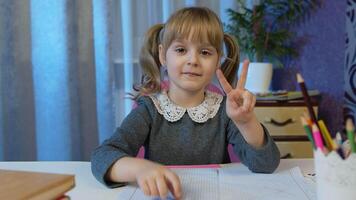 Child girl doing school homework teach mathematic and counting with teacher at home. Online e-learning, children pupil distance education lesson, technology for kids. call by webcam on internet video