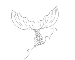 Hand-drawn mermaid tail illustration with wave lines and fantasy elements. Tattoo-style black outline for sea-inspired, feminine, or mythological projects. vector