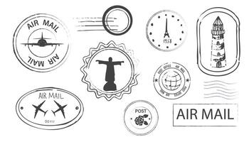 Post stamp air mail postage rubber vintage frame, seal. Line retro textured blank postmark border template. Grunge circle airmail print, design elements. vector