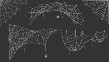 Spiderweb corner line white border, gothic scary hanging net frame on dark background. Simple spooky halloween decoration. Cobweb spider trap vector