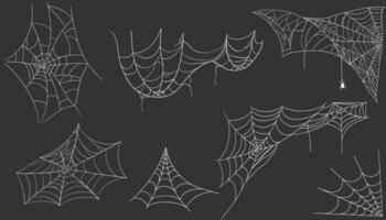 Spiderweb corner line white border, gothic scary hanging net frame on dark background. Simple spooky halloween decoration. Cobweb spider trap . vector