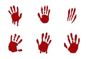 Hand print, fingerprint with red paint, blood. Halloween scary splatter, stain with drops. Human hand creepy trace. Red splatter, stream vector