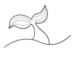Whale Tale Icon ocean animal, mammal tail line sketch. Vintage simple silhouette with waves. Minimalistic tattoo drawing. vector