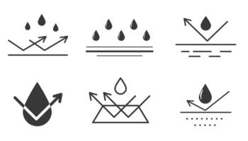 Waterproof icon water protection, surface protection from liquid. Line arrow and water drop. Weather protection symbol. Rainproof material. Simple resistant defence resistance. vector