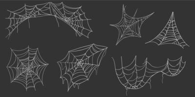 Spiderweb corner line white border, gothic scary hanging net frame on dark background. Simple spooky halloween decoration. Cobweb web spider trap. vector
