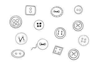 Button sewing item set hand drawn line doodle sketch Plastic vintage cloth button collection. Various sewing tailor accessories. vector
