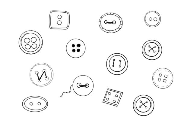 Button sewing item set hand drawn line doodle sketch Plastic vintage cloth button collection. Various sewing tailor accessories.