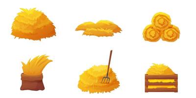 Dry straw, haystacks, and field bales. Isolated yellow fodder piles and grass bundles for farming, cow feed, and rustic harvest scenes. Realistic and cartoon mix. vector