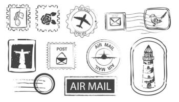Post stamp air mail postage rubber vintage frame, seal. Line retro textured blank postmark border template. Grunge circle airmail print, design element vector