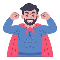 Flat illustration of smiling strong superhero man flexing muscles. Cartoon character in red cape isolated on white background vector