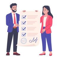 Business agreement concept. Flat illustration of two business people in suits holding a signed contract with completed tasks. Isolated on white background vector