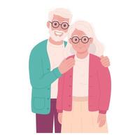 Happy elderly couple standing together. Flat cartoon of smiling senior man and woman in cozy clothes showing affection and closeness. Isolated on white background vector