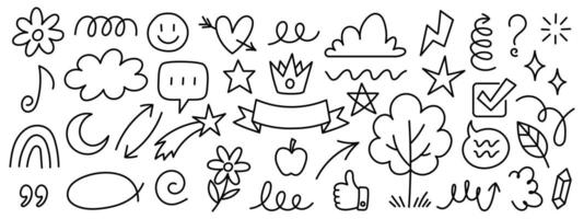 Hand drawn doodle elements set. Fun black outline symbols including arrows, stars, clouds, speech bubbles, flowers, check marks, and abstract icons. sketch style for decoration, social media vector