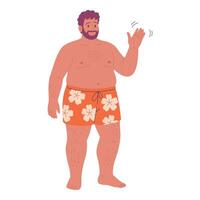 Hand drawn flat happy man in swim trunks waving Isolated on white background Summer beach character vector