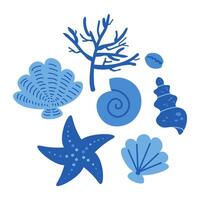 Card with Blue Seashells drawing illustration nautical motif. Boho style background with conches. Symbol for beach, sea, seafood, summer. Design for postcard, wallpaper, template, poster vector