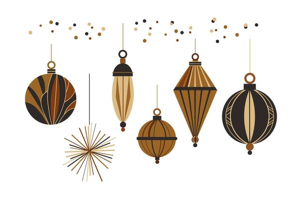 Gold black glass tree toys in Art Deco style. Hand drawn doodle with flat elegant festive New Year decor. Modern winter Xmas set for design, flyer, paper, card, poster, print, congratulation