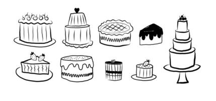 Cake pastries bakery doodle. Sketch with sweet food products pastry on isolated background. Design for bakeshop, menu, card, print, logo. Graphics with chocolate, creamy, festive cakes vector