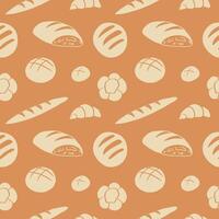 Bakery products pastry seamless pattern. Repeating background with hand drawn bread, loaf, bagel, croissant, muffin, bun, cheesecake, eat wheat. Food, bakeshop, menu. Design textured rapport vector