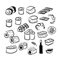 Sketch with Sushi and rolls Japanese food on isolated background. Ink doodle with Onigiri, nori, rice, wasabi, fresh cucumber, toasted sesame, crab meat, soy sauce, sashimi, shrimp, pickled ginger vector
