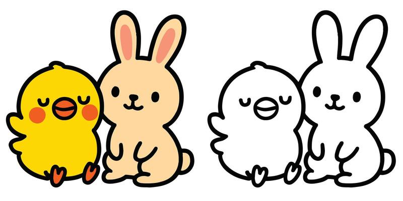 Coloring Book For Kids Cartoon A happy little chick sitting next to a bunny Outline Illustration