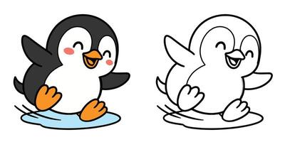 Coloring Book For Kids Cartoon Of A chubby penguin sliding on ice Outline Illustration Design vector