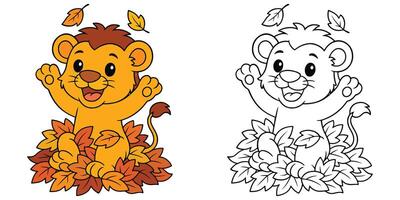 Basic RGBColoring Book For Kids Cartoon Of A lion cub playing in a pile of leaves Outline Illustration vector
